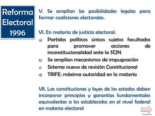 V. Se amplían las posibilidades legales para
formar coaliciones electorales.
VI. En materia de justicia electoral:
a) Partidos políticos únicos sujetos facultados
para promover acciones de
inconstitucionalidad ante la SCJN
b) Se amplían mecanismos de impugnación
c) Sistema nuevo de revisión Constitucional
d) TRIFE: máxima autoridad en la materia
VII. Las constituciones y leyes de los estados deben
incorporar principios y garantías fundamentales
equivalentes a los establecidos en el nivel federal
en materia electoral
Reforma
Electoral
1996
Siguiente
 