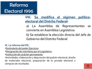 VIII. Se modifica el régimen político-
electoral del Distrito Federal:
a) La Asamblea de Representantes se
convierte en Asamblea Legislativa
b) Se establece la elección directa del Jefe de
Gobierno del Distrito Federal
IX. La reforma del IFE:
•Deslindarlo del poder Ejecutivo
•Designación de miembros por el Legislativo
•Institución de carácter permanente
•Actividades: elaboración y depuración del padrón electoral, diseño
de materiales electoral, preparación de la jornada electoral y
cómputo de resultados
Reforma
Electoral 1996
 