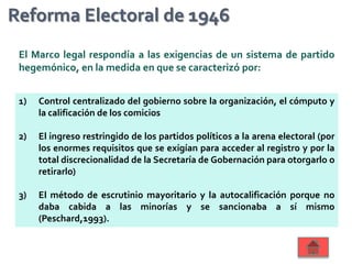 El Marco legal respondía a las exigencias de un sistema de partido
hegemónico, en la medida en que se caracterizó por:
1) Control centralizado del gobierno sobre la organización, el cómputo y
la calificación de los comicios
2) El ingreso restringido de los partidos políticos a la arena electoral (por
los enormes requisitos que se exigían para acceder al registro y por la
total discrecionalidad de la Secretaría de Gobernación para otorgarlo o
retirarlo)
3) El método de escrutinio mayoritario y la autocalificación porque no
daba cabida a las minorías y se sancionaba a sí mismo
(Peschard,1993).
Reforma Electoral de 1946
 