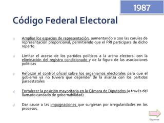 Código Federal Electoral
1) Ampliar los espacios de representación, aumentando a 200 las curules de
representación proporcional, permitiendo que el PRI participara de dicho
reparto
2) Limitar el acceso de los partidos políticos a la arena electoral con la
eliminación del registro condicionado y de la figura de las asociaciones
políticas
3) Reforzar el control oficial sobre los organismos electorales para que el
gobierno ya no tuviera que depender de la alianza con los partidos
paraestatales
4) Fortalecer la posición mayoritaria en la Cámara de Diputados (a través del
llamado candado de gobernabilidad)
5) Dar cauce a las impugnaciones que surgieran por irregularidades en los
procesos.
1987
Siguiente
 