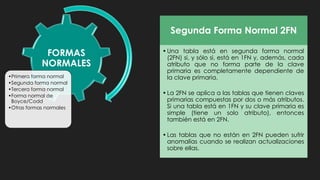 FORMAS
NORMALES
•Primera forma normal
•Segunda forma normal
•Tercera forma normal
•Forma normal de
Boyce/Codd
•Otras formas normales
Segunda Forma Normal 2FN
•Una tabla está en segunda forma normal
(2FN) si, y sólo si, está en 1FN y, además, cada
atributo que no forma parte de la clave
primaria es completamente dependiente de
la clave primaria.
•La 2FN se aplica a las tablas que tienen claves
primarias compuestas por dos o más atributos.
Si una tabla está en 1FN y su clave primaria es
simple (tiene un solo atributo), entonces
también está en 2FN.
•Las tablas que no están en 2FN pueden sufrir
anomalías cuando se realizan actualizaciones
sobre ellas.
 