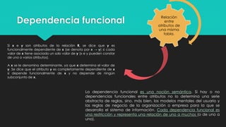 Dependencia funcional
Relación
entre
atributos de
una misma
tabla.
Si x e y son atributos de la relación R, se dice que y es
funcionalmente dependiente de x (se denota por x → y) si cada
valor de x tiene asociado un solo valor de y (x e y pueden constar
de uno o varios atributos).
A x se le denomina determinante, ya que x determina el valor de
y. Se dice que el atributo y es completamente dependiente de x
si depende funcionalmente de x y no depende de ningún
subconjunto de x.
La dependencia funcional es una noción semántica. Si hay o no
dependencias funcionales entre atributos no lo determina una serie
abstracta de reglas, sino, más bien, los modelos mentales del usuario y
las reglas de negocio de la organización o empresa para la que se
desarrolla el sistema de información. Cada dependencia funcional es
una restricción y representa una relación de uno a muchos (o de uno a
uno).
 