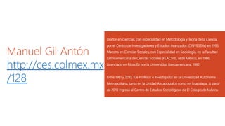 Manuel Gil Antón 
http://ces.colmex.mx 
/128 
Doctor en Ciencias, con especialidad en Metodología y Teoría de la Ciencia, 
por el Centro de Investigaciones y Estudios Avanzados (CINVESTAV) en 1995. 
Maestro en Ciencias Sociales, con Especialidad en Sociología, en la Facultad 
Latinoamericana de Ciencias Sociales (FLACSO), sede México, en 1986. 
Licenciado en Filosofía por la Universidad Iberoamericana, 1982. 
Entre 1981 y 2010, fue Profesor e Investigador en la Universidad Autónoma 
Metropolitana, tanto en la Unidad Azcapotzalco como en Iztapalapa. A partir 
de 2010 ingresó al Centro de Estudios Sociológicos de El Colegio de México. 
 