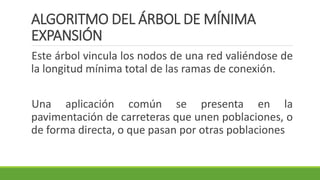 ALGORITMO DEL ÁRBOL DE MÍNIMA
EXPANSIÓN
Este árbol vincula los nodos de una red valiéndose de
la longitud mínima total de las ramas de conexión.
Una aplicación común se presenta en la
pavimentación de carreteras que unen poblaciones, o
de forma directa, o que pasan por otras poblaciones
 
