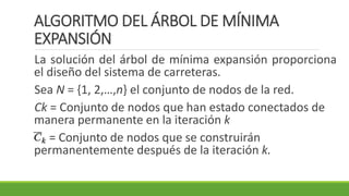 ALGORITMO DEL ÁRBOL DE MÍNIMA
EXPANSIÓN
La solución del árbol de mínima expansión proporciona
el diseño del sistema de carreteras.
Sea N = {1, 2,…,n} el conjunto de nodos de la red.
Ck = Conjunto de nodos que han estado conectados de
manera permanente en la iteración k
= Conjunto de nodos que se construirán
permanentemente después de la iteración k.
 