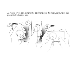 Las manos sirven para comprender las dimensiones del objeto, así también para
generar instructivos de uso:
 