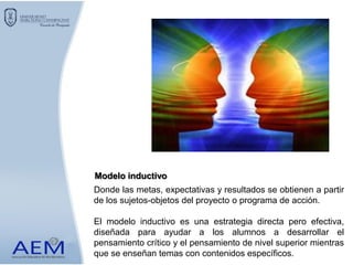 Donde las metas, expectativas y resultados se obtienen a partir
de los sujetos-objetos del proyecto o programa de acción.
El modelo inductivo es una estrategia directa pero efectiva,
diseñada para ayudar a los alumnos a desarrollar el
pensamiento crítico y el pensamiento de nivel superior mientras
que se enseñan temas con contenidos específicos.
Modelo inductivo
 