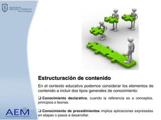 En el contexto educativo podemos considerar los elementos de
contenido a incluir dos tipos generales de conocimiento:
Estructuración de contenido
 Conocimiento declarativo, cuando la referencia es a conceptos,
principios o teorías.
 Conocimiento de procedimientos implica aplicaciones expresadas
en etapas o pasos a desarrollar.
 