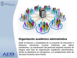 Dado el alcance y complejidad de un proyecto de educación a
distancia, intervienen muchas instancias que deben
coordinarse. La coordinación del personal asignado requiere de
integrar esta fase de organización académico administrativa,
donde se plantearía un cronograma, y el señalamiento tanto de
recursos humanos como físicos.
Organización académico administrativa
 