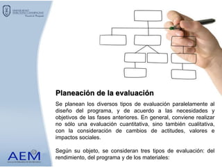 Se planean los diversos tipos de evaluación paralelamente al
diseño del programa, y de acuerdo a las necesidades y
objetivos de las fases anteriores. En general, conviene realizar
no sólo una evaluación cuantitativa, sino también cualitativa,
con la consideración de cambios de actitudes, valores e
impactos sociales.
Según su objeto, se consideran tres tipos de evaluación: del
rendimiento, del programa y de los materiales:
Planeación de la evaluación
 