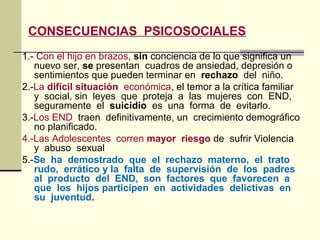 CONSECUENCIAS PSICOSOCIALES
1.- Con el hijo en brazos, sin conciencia de lo que significa un
nuevo ser, se presentan cuadros de ansiedad, depresión o
sentimientos que pueden terminar en rechazo del niño.
2.-La difícil situación económica, el temor a la crítica familiar
y social, sin leyes que proteja a las mujeres con END,
seguramente el suicidio es una forma de evitarlo.
3.-Los END traen definitivamente, un crecimiento demográfico
no planificado.
4.-Las Adolescentes corren mayor riesgo de sufrir Violencia
y abuso sexual
5.-Se ha demostrado que el rechazo materno, el trato
rudo, errático y la falta de supervisión de los padres
al producto del END, son factores que favorecen a
que los hijos participen en actividades delictivas en
su juventud.
 
