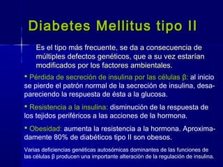 Diabetes Mellitus tipo IIDiabetes Mellitus tipo II
Es el tipo más frecuente, se da a consecuencia deEs el tipo más frecuente, se da a consecuencia de
múltiples defectos genéticos, que a su vez estaríanmúltiples defectos genéticos, que a su vez estarían
modificados por los factores ambientales.modificados por los factores ambientales.
 Pérdida de secreción de insulina por las células β: al inicio
se pierde el patrón normal de la secreción de insulina, desa-
pareciendo la respuesta de ésta a la glucosa.
 Resistencia a la insulina: disminución de la respuesta de
los tejidos periféricos a las acciones de la hormona.
 Obesidad: aumenta la resistencia a la hormona. Aproxima-
damente 80% de diabéticos tipo II son obesos.
Varias deficiencias genéticas autosómicas dominantes de las funciones de
las células β producen una importante alteración de la regulación de insulina.
 