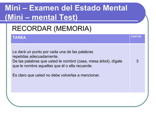 RECORDAR (MEMORIA) Mini – Examen del Estado Mental (Mini – mental Test) TAREA PUNTOS Le dará un punto por cada una de las palabras repetidas adecuadamente. De las palabras que usted le nombró (casa, mesa árbol), dígale que le nombre aquellas que él o ella recuerde.  Es claro que usted no debe volverlas a mencionar. 3 