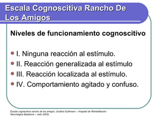Niveles de funcionamiento cognoscitivo  I. Ninguna reacción al estímulo. II. Reacción generalizada al estímulo III. Reacción localizada al estímulo. IV. Comportamiento agitado y confuso. Escala Cognoscitiva Rancho De Los Amigos Escala cogniscitiva rancho de los amigos. (Institut Guttmann – Hospital de Rehabilitación Neurológica Badalona – Julio 2003). 