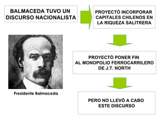 BALMACEDA TUVO UN  DISCURSO NACIONALISTA PROYECTÓ INCORPORAR  CAPITALES CHILENOS EN LA RIQUEZA SALITRERA PROYECTÓ PONER FIN  AL MONOPOLIO FERROCARRILERO DE J.T. NORTH Presidente Balmaceda   PERO NO LLEVÓ A CABO  ESTE DISCURSO 