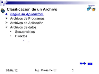 Clasificar

 Clasificación de un Archivo
4.   Según su Aplicación
    Archivos de Programas
    Archivos de Aplicación
    Archivos de datos
     • Secuenciales
     • Directos
             •




03/08/12            Ing. Diosa Pérez   5
 