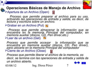 Operaciones Básicas de Manejo de Archivo
Apertura de un Archivo (Open)
    Proceso que permite preparar al archivo para su uso,
 activando las operaciones de entrada y salida, es decir, de
 lectura y escritura sobre un archivo.
Grabar en un Archivo (Put)
   Proceso que permite almacenar la información que se
 encuentra en la memoria Principal del computador, en
 memoria auxiliar (discos, CD, Pen driver,etc.)
Leer de un archivo (Get)
 Proceso que permite accesar la información que se
 encuentra en memoria auxiliar (discos, CD, Pen driver),
 para ubicarla en la memoria Principal del computador
Cierre de un Archivo (Close)
 Proceso que permite liberar el archivo de la memoria, es
 decir, se termina con las operaciones de entrada y salida de
 un archivo abierto.
03/08/12             Ing. Diosa Pérez         7
 