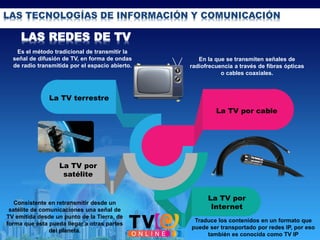 LAS TECNOLOGÍAS DE INFORMACIÓN Y COMUNICACIÓN
Es el método tradicional de transmitir la
señal de difusión de TV, en forma de ondas
de radio transmitida por el espacio abierto.
Consistente en retransmitir desde un
satélite de comunicaciones una señal de
TV emitida desde un punto de la Tierra, de
forma que ésta pueda llegar a otras partes
del planeta.
En la que se transmiten señales de
radiofrecuencia a través de fibras ópticas
o cables coaxiales.
Traduce los contenidos en un formato que
puede ser transportado por redes IP, por eso
también es conocida como TV IP
La TV terrestre
La TV por cable
La TV por
Internet
La TV por
satélite
LAS REDES DE TV
 