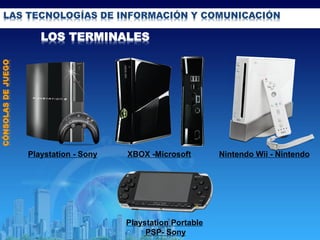 LAS TECNOLOGÍAS DE INFORMACIÓN Y COMUNICACIÓN
XBOX -MicrosoftPlaystation - Sony Nintendo Wii - Nintendo
Playstation Portable
PSP- Sony
CÓNSOLASDEJUEGO
LOS TERMINALES
 