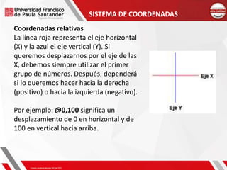 SISTEMA DE COORDENADAS
Coordenadas relativas
La línea roja representa el eje horizontal
(X) y la azul el eje vertical (Y). Si
queremos desplazarnos por el eje de las
X, debemos siempre utilizar el primer
grupo de números. Después, dependerá
si lo queremos hacer hacia la derecha
(positivo) o hacia la izquierda (negativo).
Por ejemplo: @0,100 significa un
desplazamiento de 0 en horizontal y de
100 en vertical hacia arriba.
 