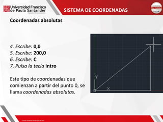 SISTEMA DE COORDENADAS
Coordenadas absolutas
4. Escribe: 0,0
5. Escribe: 200,0
6. Escribe: C
7. Pulsa la tecla Intro
Este tipo de coordenadas que
comienzan a partir del punto 0, se
llama coordenadas absolutas.
 