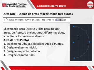 Comandos Barra Draw
Arco (Arc) - Dibujo de arcos especificando tres puntos
El comando Arco (Arc) se utiliza para dibujar
arcos, en Autocad encontramos diferentes tipos,
a continuación veremos algunos.
Arco de Tres Puntos
1. En el menú Dibujo, seleccione Arco 3 Puntos.
2. Designe el punto inicial.
3. Designe un punto del arco.
4. Designe el punto final.
 