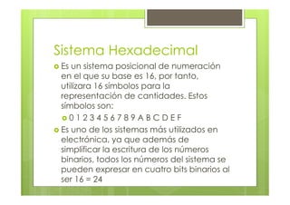 Sistema Hexadecimal
Es un sistema posicional de numeración
en el que su base es 16, por tanto,
utilizara 16 símbolos para la
representación de cantidades. Estos
símbolos son:
0 1 2 3 4 5 6 7 8 9 A B C D E F
Es uno de los sistemas más utilizados en
electrónica, ya que además de
simplificar la escritura de los números
binarios, todos los números del sistema se
pueden expresar en cuatro bits binarios al
ser 16 = 24
 