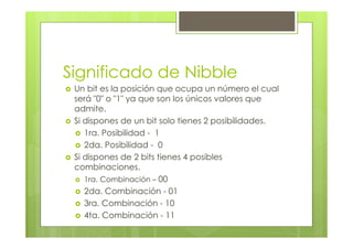 Significado de Nibble
Un bit es la posición que ocupa un número el cual
será "0" o "1" ya que son los únicos valores que
admite.
Si dispones de un bit solo tienes 2 posibilidades.
1ra. Posibilidad - 1
2da. Posibilidad - 0
Si dispones de 2 bits tienes 4 posibles
combinaciones.
1ra. Combinación – 00
2da. Combinación - 01
3ra. Combinación - 10
4ta. Combinación - 11
 