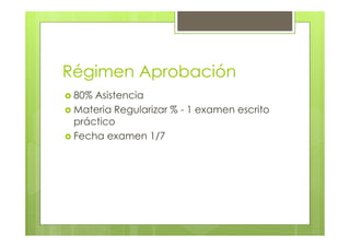 Régimen Aprobación
80% Asistencia
Materia Regularizar % - 1 examen escrito
práctico
Fecha examen 1/7
 