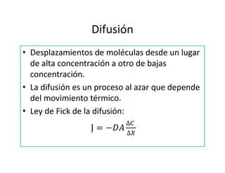 Difusión
• Desplazamientos de moléculas desde un lugar
de alta concentración a otro de bajas
concentración.
• La difusión es un proceso al azar que depende
del movimiento térmico.
• Ley de Fick de la difusión:
J = −
∆
∆
 