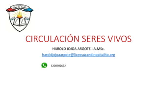 CIRCULACIÓN SERES VIVOS
HAROLD JOJOA ARGOTE I.A.MSc.
haroldjojoaargote@liceosurandinopitalito.org
3208702692
 