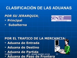 PO R  SU JERARQUIA :   Principal Subalterna  PO R  EL TRAFICO DE LA MERCANCIA : Aduana de Entrada  Aduana de Destino  Aduana de Partida   Aduana de Paso de Frontera CLASIFICACIÓN DE LAS ADUANAS 