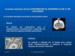 Inversión extranjera directa (CONTRIBUYEN AL DESARROLLO DE C.I DE LOS PAISES La inversión extranjera se divide en dos grandes ramas: Directa Se efectúa por particulares para el establecimiento, mantenimiento o desarrollo de toda clase de negocios también particulares Indirecta Es captada y utilizada por el Estado para realizar obras infraestructurales o aplicarla a empresas estatales de carácter industrial. 