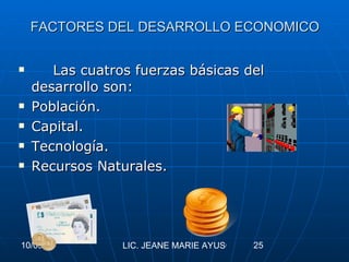 FACTORES DEL DESARROLLO ECONOMICO Las cuatros fuerzas básicas del desarrollo son: Población. Capital. Tecnología. Recursos Naturales. 