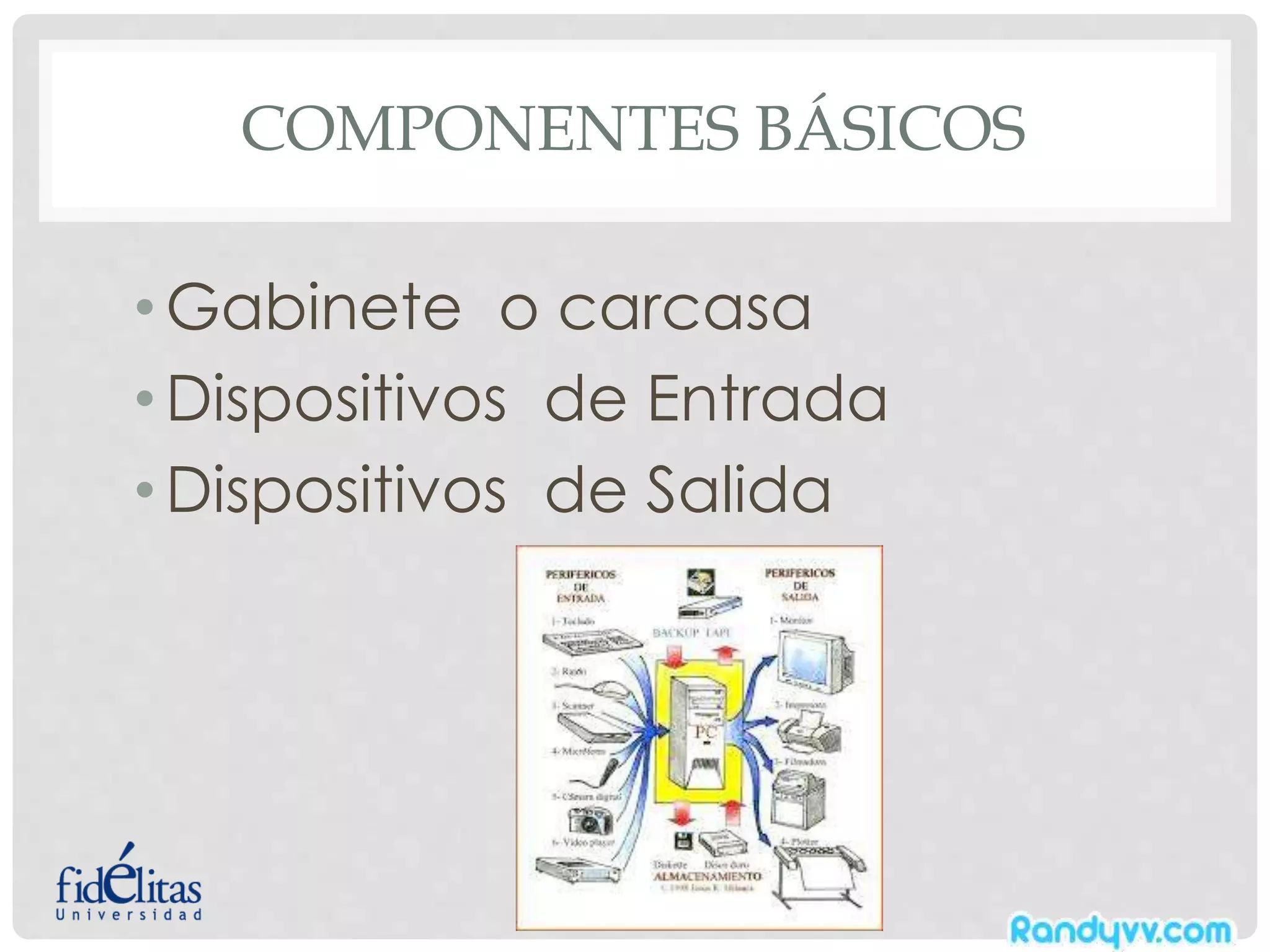 COMPONENTES BÁSICOS
• Gabinete o carcasa
• Dispositivos de Entrada
• Dispositivos de Salida
 