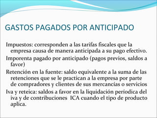 GASTOS PAGADOS POR ANTICIPADO
Impuestos: corresponden a las tarifas fiscales que la
  empresa causa de manera anticipada a su pago efectivo.
Imporenta pagado por anticipado (pagos previos, saldos a
  favor)
Retención en la fuente: saldo equivalente a la suma de las
  retenciones que se le practican a la empresa por parte
  de compradores y clientes de sus mercancías o servicios
Iva y reteica: saldos a favor en la liquidación períodica del
  iva y de contribuciones ICA cuando el tipo de producto
  aplica.
 