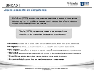 Procesos:  acciones que se llevan a cabo con un determinado fin, tienen inicio y final identificable. Complejos:  se refiere a lo multidimensional y a la evolución orden-desorden reorganización. Desempeño:  actuación en la realidad, implicando dimensión cognoscitiva, actitudinal y procedimental   Idoneidad:  realizar actividades cumpliendo con criterios de eficiencia, eficacia, efectividad, pertinencia. Contexto:  las acciones en distintos campos educativo, social, laboral o científico. Responsabilidad:  ejercicio ético, que prevé consecuencias y corrige errores  Tobón  (2006)  son procesos complejos de desempeño con idoneidad en un determinado contexto, con responsabilidad.  DIPLOMADOS UNIR. Todos los Derechos Reservados. Instituto Universitario de Tecnología "Readic" UNIR. Rif J-30001989-6 © 2011.   Licda. María Belén Rodríguez Peñaloza  (2003)  acciones que cualquier profesional o técnico o sencillamente persona que no es extraña al trabajo, deben ejecutar con mínima experticia cuando están desempeñándose en una tarea.  Algunos conceptos de Competencia Diplomados   en   Educación UNIDAD I 