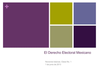 +
El Derecho Electoral Mexicano
Nociones básicas. Clase No. 1
1 de junio de 2013
 