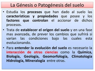 La Génesis o Patogénesis del suelo
• Estudia los procesos que han dado al suelo las
características y propiedades que posee y los
factores que controlan el accionar de dichos
procesos.
• Trata de establecer el origen del suelo y en una fase
mas avanzada, de prever los cambios que sufrirá si
varían las condiciones bajo las cuales esta
evolucionando.
• Para entender la evolución del suelo es necesario la
interacción de otras ciencias como la Química,
Biología, Geología, Geomorfología, Climatología
Hidrología, Mineralogía entre otras.
 