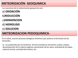 METEORIZACIÓN GEOQUIMICA
a) OXIDACIÓN
b)REDUCCIÓN
c)HIDRATACION
d) HIDROLISIS
e) SOLUCION
Las reacciones de la meteorización geoquímica son:
METEORIZACION PEDOQUIMICA-
En el solum, ocurren procesos biológicos dinámicos que aceleran la formación de los
horizontes
Ej. Las producidas por las lombrices de tierra (lumbricus terrestres); arañas, avispas,
descomposición de la materia orgánica, penetración de las raíces, actividad de los topos,
estiércol animal, actividad del hombre, etc.
 