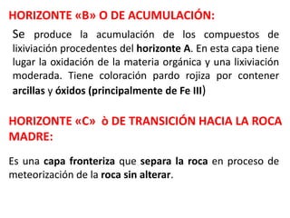 HORIZONTE «B» O DE ACUMULACIÓN:
Se produce la acumulación de los compuestos de
lixiviación procedentes del horizonte A. En esta capa tiene
lugar la oxidación de la materia orgánica y una lixiviación
moderada. Tiene coloración pardo rojiza por contener
arcillas y óxidos (principalmente de Fe III)
Es una capa fronteriza que separa la roca en proceso de
meteorización de la roca sin alterar.
HORIZONTE «C» ò DE TRANSICIÓN HACIA LA ROCA
MADRE:
 