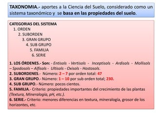 CATEGORIAS DEL SISTEMA
1. ORDEN
2. SUBORDEN
3. GRAN GRUPO
4. SUB GRUPO
5. FAMILIA
6. SERIE
1. LOS ÓRDENES.- Son: - Entisols - Vertisols - Inceptisols - Ardisols - Mollisols
– Spodosols – Alfisols - Ultisols - Oxisols - Hostosols.
2. SUBORDENES.- Número: 2 – 7 por orden total: 47
3. GRAN GRUPO.- Número: 1 – 10 por sub orden total; 230.
4. SUB GRUPO.- Número: pocos cientos.
5. FAMILIA.- Criterio: propiedades importantes del crecimiento de las plantas
(Textura, Mineralogía, pH, etc.).
6. SERIE.- Criterio: menores diferencias en textura, mineralogía, grosor de los
horizontes, etc.
TAXONOMIA.- aportes a la Ciencia del Suelo, considerado como un
sistema taxonómico y se basa en las propiedades del suelo.
 
