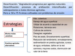 Desertización: “degradación progresiva por agentes naturales
Desertificación: procesos de aridización intensificados por
sobrepastoreo o malas técnicas agrícolas.
Perú a: 50 a 75 % áreas cultivadas con problemas de erosión
Estrategias
Practicas agrícolas
alternativas
Efectos malas
practicas
 