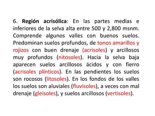 6. Región acrisólica: En las partes medias e
inferiores de la selva alta entre 500 y 2,800 msnm.
Comprende algunos valles con buenos suelos.
Predominan suelos profundos, de tonos amarillos y
rojizos con buen drenaje (acrisoles) y arcillosos
muy profundos (nitosoles). Hacia la selva baja
aparecen suelos arcillosos ácidos y con fierro
(acrisoles plínticos). En las pendientes los suelos
son rocosos (litosoles). En los fondos de los valles
los suelos son aluviales (fluvisoles), a veces con mal
drenaje (gleisoles), y suelos arcillosos (vertisoles).
 