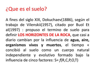 ¿Que es el suelo?
A fines del siglo XIX, Dokuchaev(1886), según el
trabajo de Vilenskii(1957), citado por Buol Et
al(1997) : propuso el termino de suelo para
definir LOS HORIZONTES DE LA ROCA, que casi a
diario cambian por la influencia de agua, aire,
organismos vivos y muertos, el tiempo «
concibió al suelo como un cuerpo natural
independiente y evolutivo formado bajo la
influencia de cinco factores: S= f(R,C,P,O,T)
 