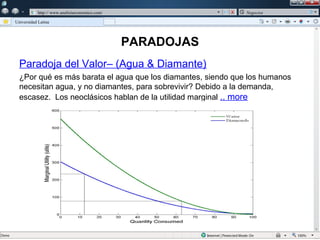 w

             w   http:// www.analisiseconomico.com/               Negocios

    Universidad Latina




                                                      PARADOJAS
      Paradoja del Valor– (Agua & Diamante)
      ¿Por qué es más barata el agua que los diamantes, siendo que los humanos
      necesitan agua, y no diamantes, para sobrevivir? Debido a la demanda,
      escasez. Los neoclásicos hablan de la utilidad marginal .. more
 