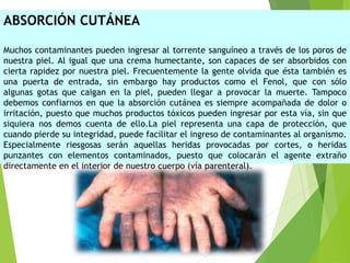 ABSORCIÓN CUTÁNEA
Muchos contaminantes pueden ingresar al torrente sanguíneo a través de los poros de
nuestra piel. Al igual que una crema humectante, son capaces de ser absorbidos con
cierta rapidez por nuestra piel. Frecuentemente la gente olvida que ésta también es
una puerta de entrada, sin embargo hay productos como el Fenol, que con sólo
algunas gotas que caigan en la piel, pueden llegar a provocar la muerte. Tampoco
debemos confiarnos en que la absorción cutánea es siempre acompañada de dolor o
irritación, puesto que muchos productos tóxicos pueden ingresar por esta vía, sin que
siquiera nos demos cuenta de ello.La piel representa una capa de protección, que
cuando pierde su integridad, puede facilitar el ingreso de contaminantes al organismo.
Especialmente riesgosas serán aquellas heridas provocadas por cortes, o heridas
punzantes con elementos contaminados, puesto que colocarán el agente extraño
directamente en el interior de nuestro cuerpo (vía parenteral).
 