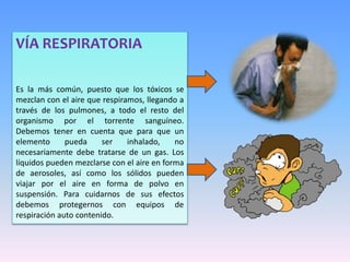 VÍA RESPIRATORIA
Es la más común, puesto que los tóxicos se
mezclan con el aire que respiramos, llegando a
través de los pulmones, a todo el resto del
organismo por el torrente sanguíneo.
Debemos tener en cuenta que para que un
elemento pueda ser inhalado, no
necesariamente debe tratarse de un gas. Los
líquidos pueden mezclarse con el aire en forma
de aerosoles, así como los sólidos pueden
viajar por el aire en forma de polvo en
suspensión. Para cuidarnos de sus efectos
debemos protegernos con equipos de
respiración auto contenido.
 