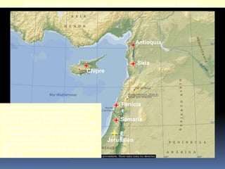 Jerusalén
Fenicia
Siria
Antioquía
Samaria
•Después de la muerte de Esteban, la iglesia
de Jerusalén fue dispersa por toda Judea,
Samaria (Hch.8:1), hasta llegar a Fenicia,
Chipre y Antioquía (Hch.11:19). Según el libro
de Hechos, los cristianos dispersos eran en
su mayoría judíos que habían sido expulsados
de Jerusalén alrededor de los años 31–34 d.C.
•Posteriormente hubo otra persecución bajo el
Rey Agripa I registrado en Hch.12, alrededor
del 44 a.C.
Chipre
¿Dónde estaban ubicados los judíos “dispersos” de la época de Santiago?
 