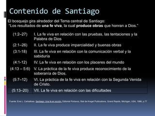 Contenido de Santiago
(1:2–27) I. La fe viva en relación con las pruebas, las tentaciones y la
Palabra de Dios
(2:1–26) II. La fe viva produce imparcialidad y buenas obras
(3:1-18) III. La fe viva en relación con la comunicación verbal y la
sabiduría
(4:1-12) IV. La fe viva en relación con los placeres del mundo
(4:13 – 5:6) V. La práctica de la fe viva produce reconocimiento de la
soberanía de Dios.
(5:7–12) VI. La práctica de la fe viva en relación con la Segunda Venida
de Cristo.
(5:13–20) VII. La fe viva en relación con las dificultades
El bosquejo gira alrededor del Tema central de Santiago:
“Los resultados de una fe viva, la cual produce obras que honran a Dios.”
Fuente: Evis L. Carballosa. Santiago: Una fe en acción. Editorial Portavoz, filial de Kregel Publications, Grand Rapids, Michigan, USA, 1986, p.77
 